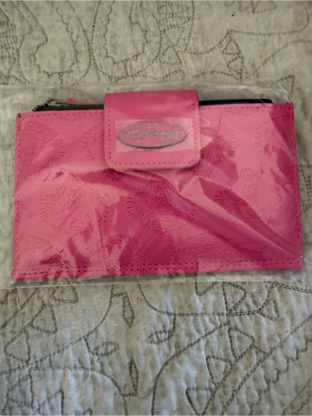 Ed Hardy Fuchsia Pink Wallet Clutch with Logo Plate